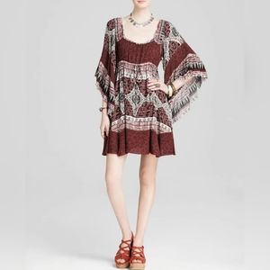 FREE PEOPLE SzXs HEATHER OF GOLD PRINTED BUTTERFLY SLEEVE DRESS SCARLET